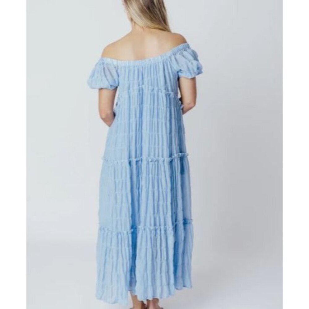 On and Off the Shoulder Kendal Maxi Dress with Ruffled Tiers in Blue | Large - Picture 2 of 13